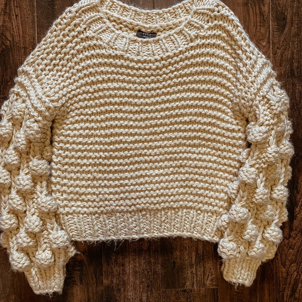 Vici Chunky Knit Pom Pom Sleeve Sweater Small